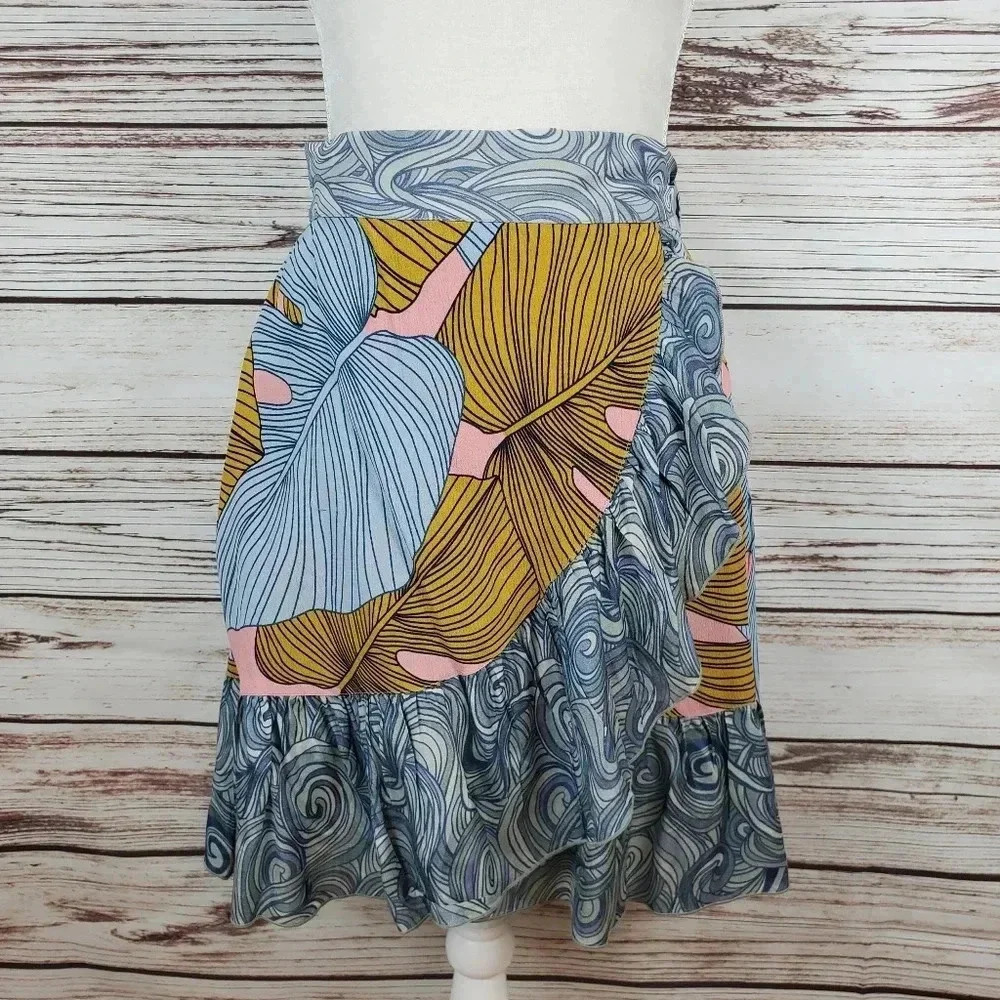 NWT Bl^nk Bl-nk Anthropologie Womens XS Samantha Palm Swirl Wrap Skirt Ruffle